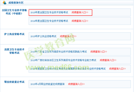 2015年卫生技术资格考试成绩查询入口