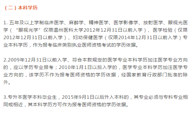 2019年临床执业医师各专业详细报名条件