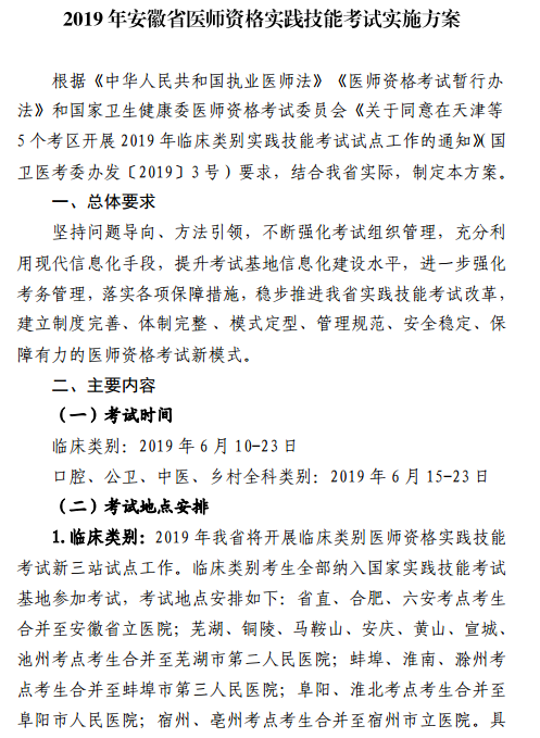 2019年安徽省医师资格实践技能考试工作实施方案的通知